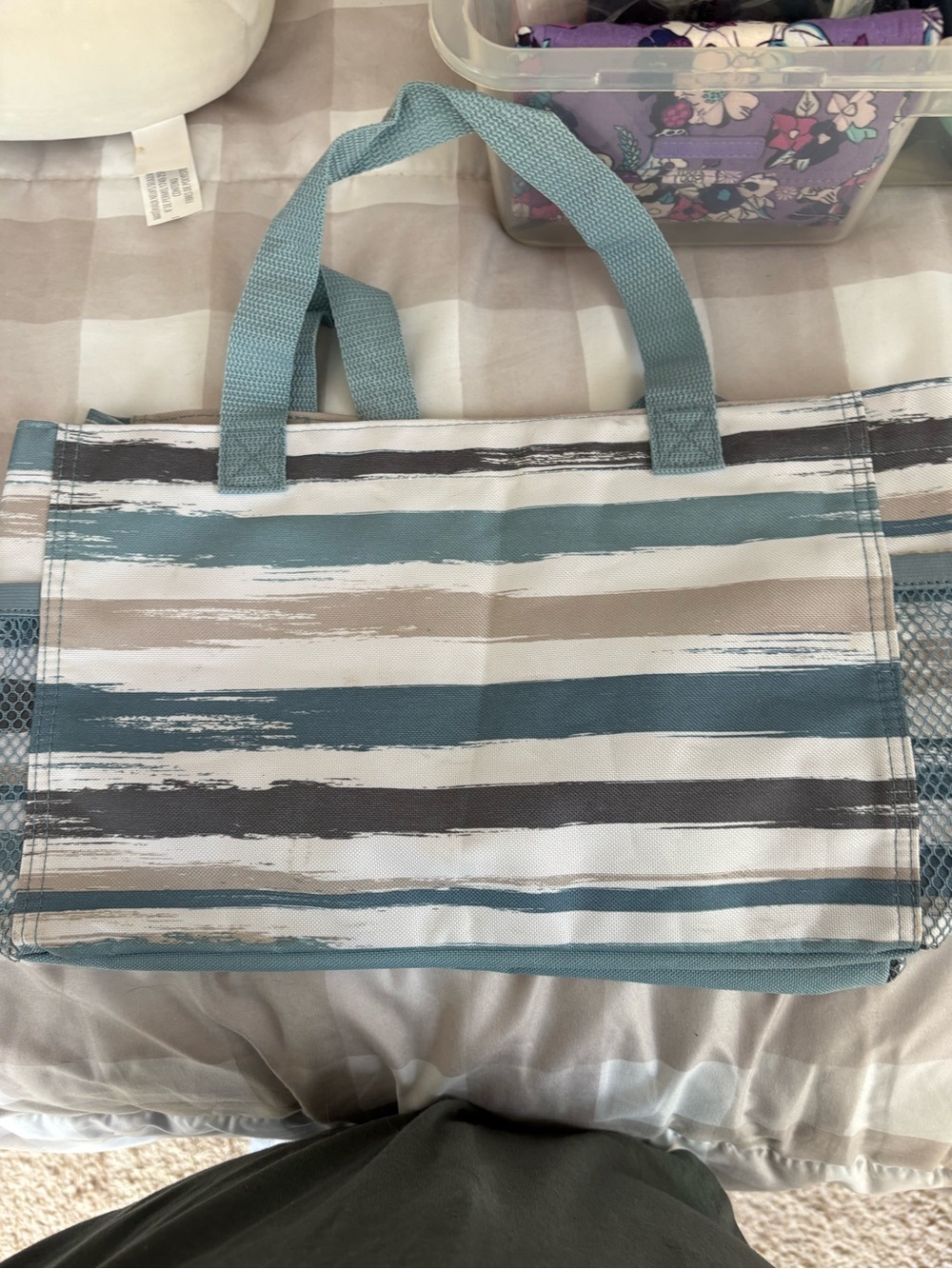 thirty-one Striped Utility Tote in Teal, Gray, White, Tan